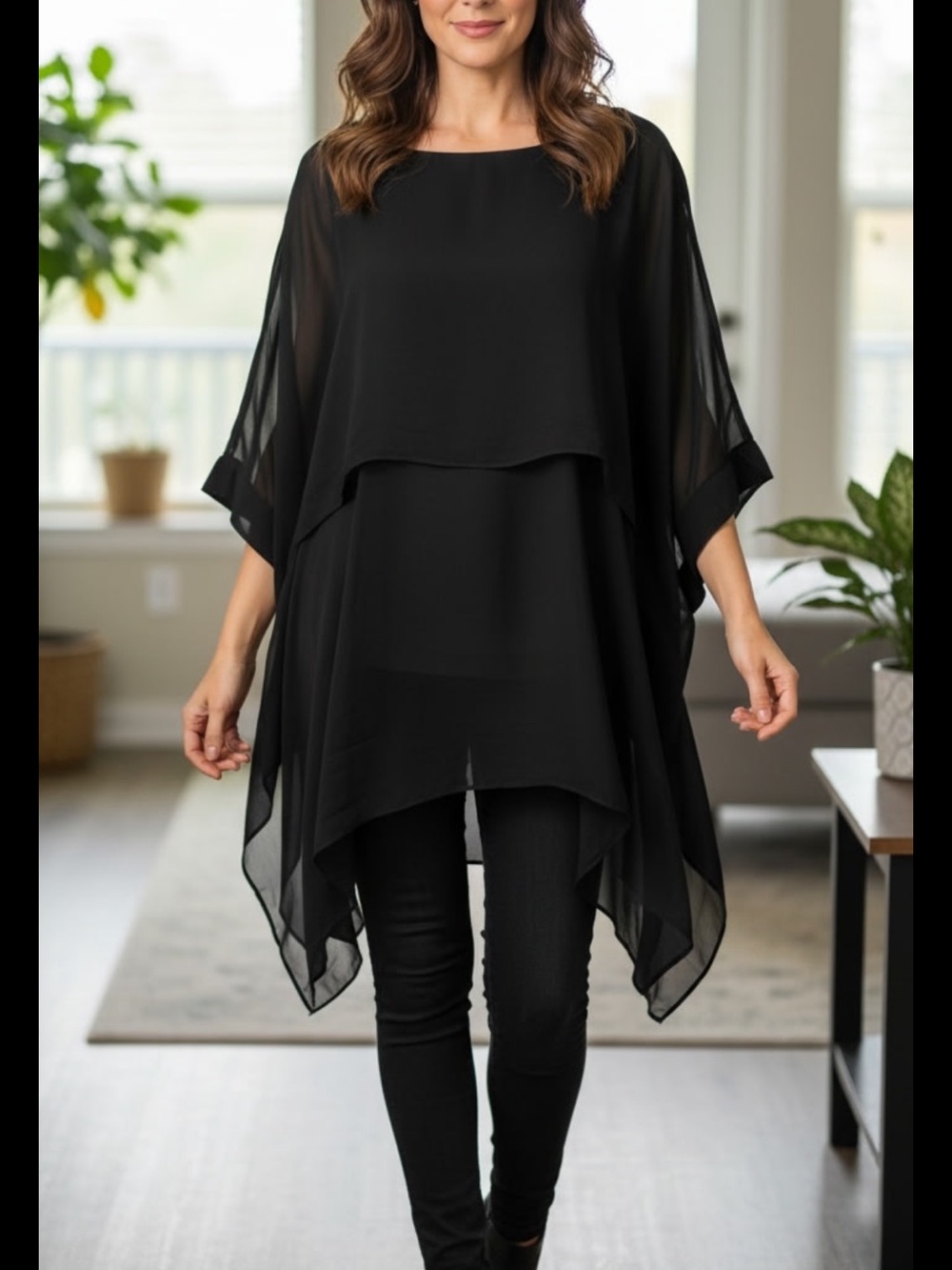 Black Sheer Layered Women's tunic. Made in Italy.